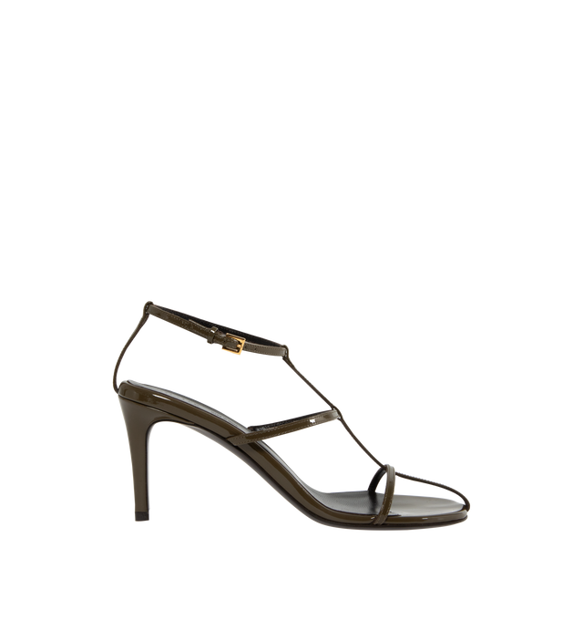 Image 1 of 4 - GREEN - KHAITE Cage Sandal featuring ribbon-like bands of patent calfskin, buckle-fastening ankle strap and concealed elastic inset at back for flexibility. 75MM.