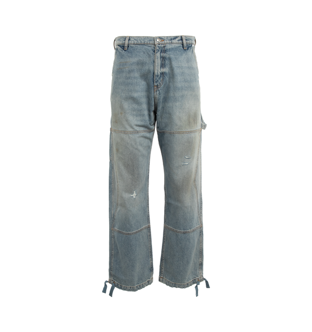 Image 1 of 3 - BLUE - RHUDE Reza double knee denim pants featuring removable contrast drawstring,  flap back pockets, contrast stitching and a zip fly wiuth button closure. 100% cotton. Made in USA. 