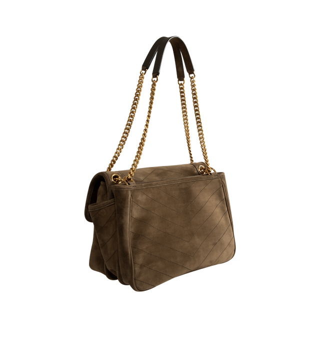 Image 2 of 3 - BROWN - Saint Laurent Womens Shoulder Bag is crafted from vintage calfskin leather suede. Features signature Cassandre logo, chevron-quilted topstitching, sliding chain strap for shoulder or crossbody wear, magnetic flap closure, three main compartments, one flat pocket, one zip pocket, cotton lining, and silver-tone hardware. Main Material: Calfskin Leather Suede; Lining: Cotton; Hardware: Brass. Dimensions: 28 x 13.5 x 20.5 cm / 11'' x 5.3'' x 8.1'' Made in Italy.