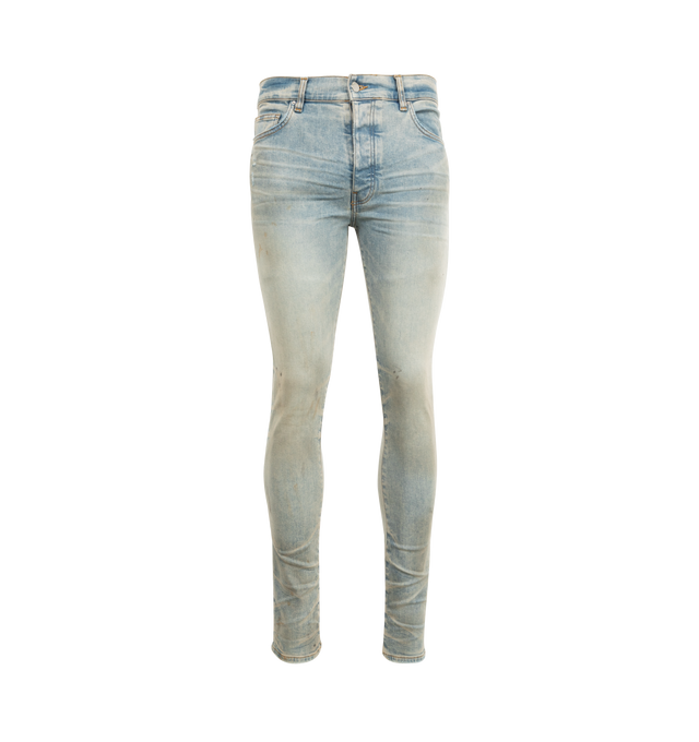 Image 1 of 3 - BLUE - AMIRI Stack Jeans featuring stretch denim, belt loops, five-pocket styling, button-fly, skinny leg, quilted leather patched at front, leather logo patch at back waistband and logo-engraved silver-tone hardware. 92% cotton, 6% elastomultiester, 2% elastane. Made in United States.
