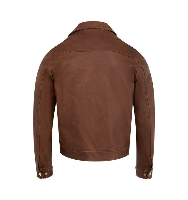 Image 2 of 2 - BROWN - SECOND LAYER Suede Trucker Jacket featuring snap button front closure, front chest pockets with button snaps, button snap cuffs and relaxed fit. 100% suede.