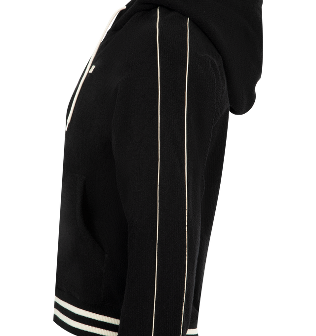Image 3 of 3 - BLACK - WALES BONNER Prince Hoodie featuring ribbed cotton-blend terry, striped details and monogram embroidery on the front, two-way zipped closure, drawstring hood and slant pockets. 88% cotton, 12% polyamide. Made in Portugal.