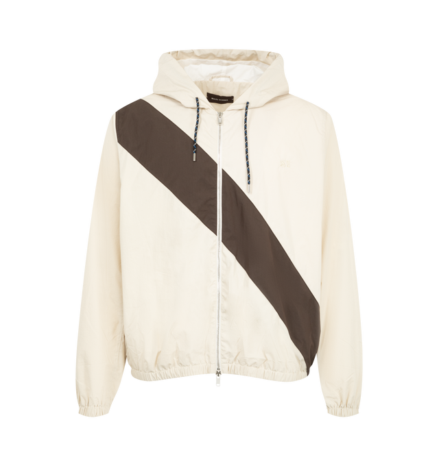 Image 1 of 3 - NEUTRAL - Wales Bonner Men's Kalpa Anorak is crafted from cotton-nylon taslan and features a relaxed silhouette in an oyster and dark brown colorway. Designed with a drawstring hood, two-way zip closure, dropped shoulders, and elasticized cuffs and hem. Main Material: Cotton/Nylon Taslan. Lining: Cotton/Nylon Blend.