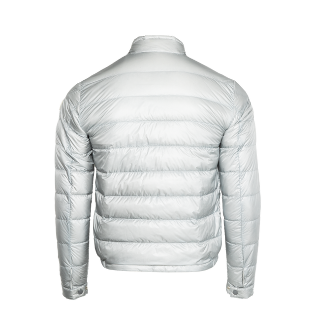 Image 2 of 3 - SILVER - MONCLER Acorus Short Down Jacket featuring down-filled, packable, front zipper closure, zipped pockets, collar opening and adjustable cuffs with snap button closure and logo patch. Exterior: 100% polyamide/nylon. Lining: 100% polyamide/nylon. Padding: 90% down, 10% feather. Made in Italy.  