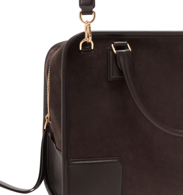 Image 15 of 16 - BROWN - LOEWE Large Amazona 180 Bag in suede featuring a relaxed silhouette anchored by a single toron top handle, designed to be carried open while a concealed closure secures the main compartment, removable shoulder and crossbody straps, zip closure with two leather zip pullers, two compartments, main compartment closed with magnetic closure, internal flat pocket, left side d-ring for customization, suede and nappa lambskin lining, embossed LOEWE and embossed double L branding. Suede/calf