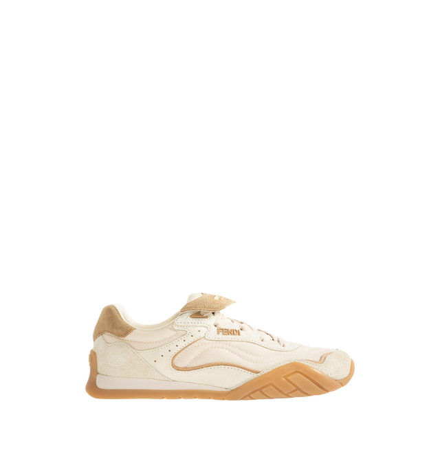 Image 1 of 5 - WHITE - FENDI Wave Pulse Sneaker featuring low-top, lace-up, suede, technical fabric and printed details, contrasting cavallino calfskin inserts and folded tongue, mlange tubular laces, three-dimensional rubber logo on the side, gold-colored metal Fendi logo on the tongue, rubber running sole with wraparound edge on the side and diagonal F motif. 100% calfskin. Inside: 100% lambskin. Made in Italy.