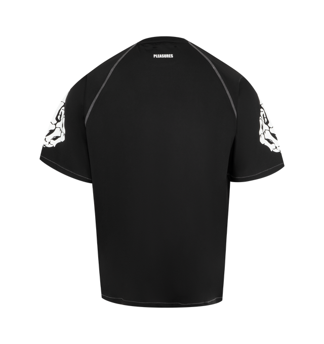 Image 2 of 2 - BLACK - PLEASURES Pollution Boxy Raglan Tee featuring ribbed collar, raglan sleeves with contrasting stitching, printed text on chest, printed graphic on sleeves and printed wordmark on upper back. 75% nylon, 25% spandex.