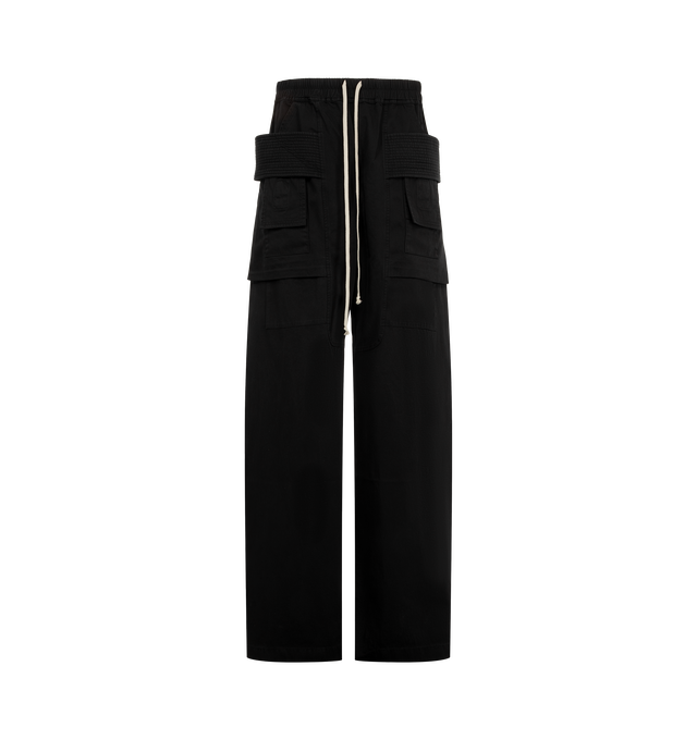 Image 1 of 3 - BLACK - Rick Owens Drkshdw Men's Creatch Wide Cargo Drawstring Pants feature a relaxed wide-leg silhouette with an elasticized drawstring waistband. Main Material: Cotton. Waist: Elasticized with Drawstring. Pockets: Cargo Pockets and Utility Storage Details.