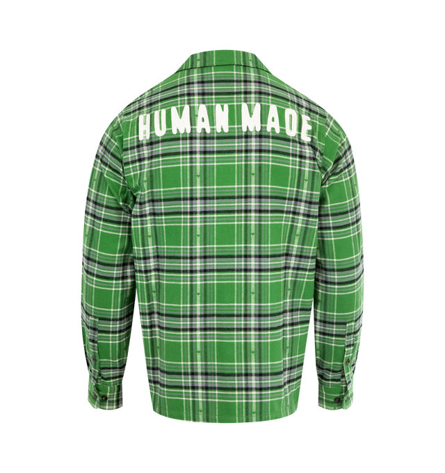 Image 2 of 2 - GREEN - HUMAN MADE Flannel Check Shirt featuring open-collar flannel shirt with a regular fit, check pattern expressed in jacquard weave, lines with interwoven heart motifs, embroidered brand logo on the back and heart logo patch on the left chest. 100% cotton.