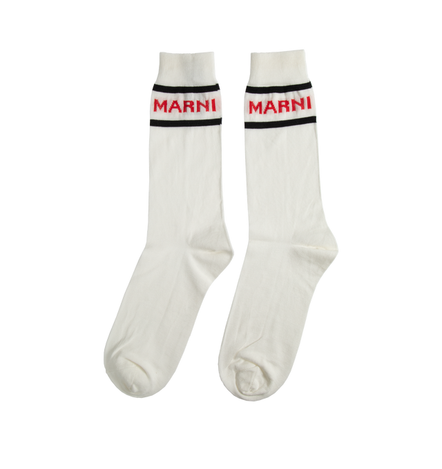 Image 2 of 2 - WHITE - MARNI SOCKS featuring rib knit cuffs, jacquard logo at face and logo printed at sole. 80% cotton, 20% nylon. Made in Italy. 