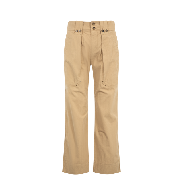 Image 1 of 3 - NEUTRAL - Isabel Marant Womens Amandine Pants are crafted from textured cotton blend fabric. Feature a slim straight fit, concealed front closure with zip and horn buttons, flat front pleats, large side pockets, flat back pockets, waistband with double belt loops, metal rivet detailing, and tonal double topstitching. Main Material: 74% Cotton, 26% Polyamide. Made in Morocco.