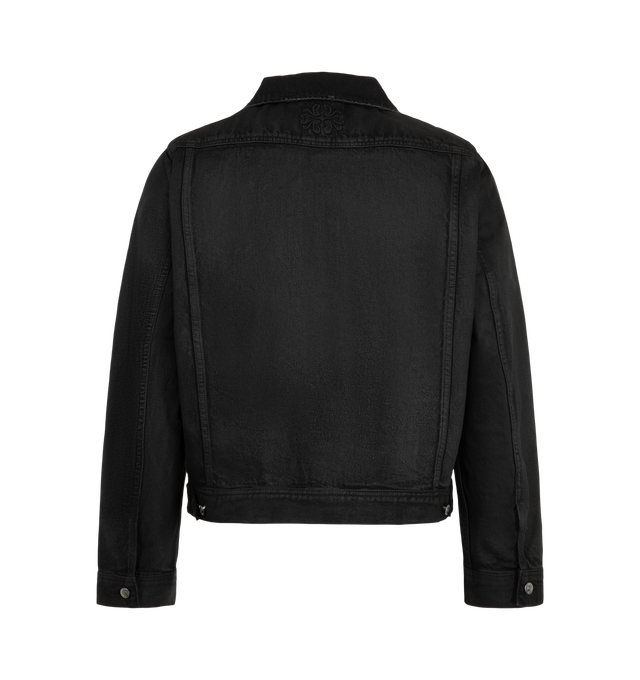Image 2 of 3 - BLACK - Midnight Rodeo Waxed Essential Denim Trucker is crafted from cotton denim and features a structured trucker silhouette with a waxed coating that creates a dry luster inspired by mesquite and iron-clay desert tones. Designed with a spread collar, front button closure, chest flap pockets, front welt pockets, button cuffs, and adjustable button side tabs, this cropped jacket balances heritage workwear details with a modern, architectural shape. Main Material: Cotton.