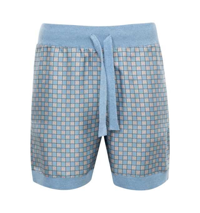 Image 1 of 3 - BLUE - AMIRI Drawstring Waist Combo Shorts featuring pull on, regular fit, mid-rise, elasticated drawstring waistband, two slip pockets at front, brand patch at back, all-over pattern and ribbed trims. 100% wool. 100% silk. Made in Italy. 