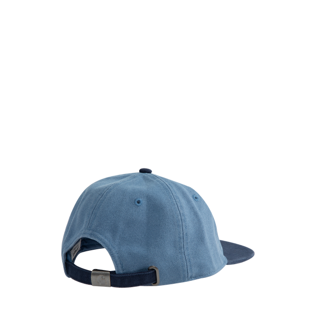 Image 3 of 3 - BLUE - CARHARTT Arcan Cap featuring lined front panel, six-panel style, firm, flat peak, unstructured, adjustable strap with metal buckle, embroidered ventilation eyelets and graphic print. 100% cotton.