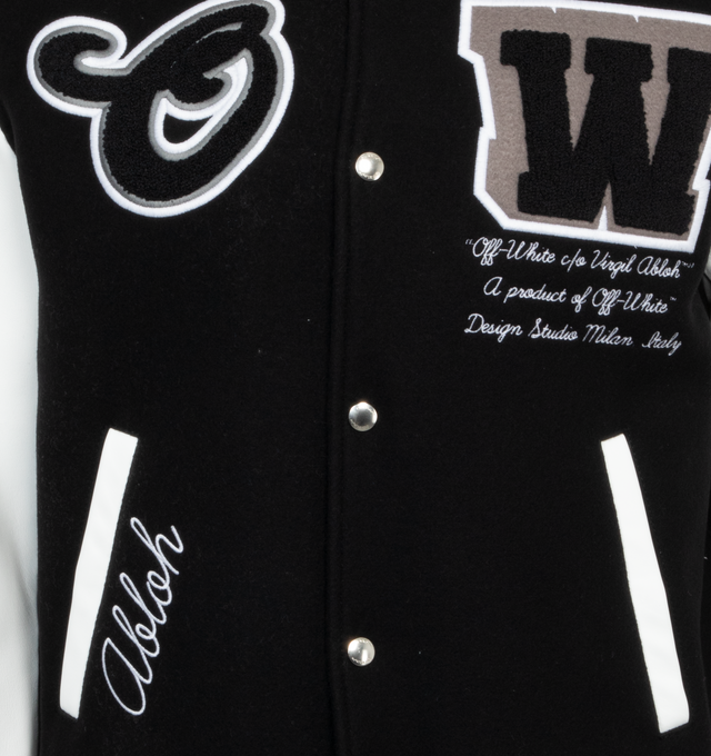 Image 3 of 3 - BLACK - OFF-WHITE Leather Wool Varsity Jacket featuring relaxed fit, leather sleeves with embroidered patches and classic ribbed detailing at the collar, waist and cuffs. 100% leather. 75% virgin wool, 25% polyamide.  
