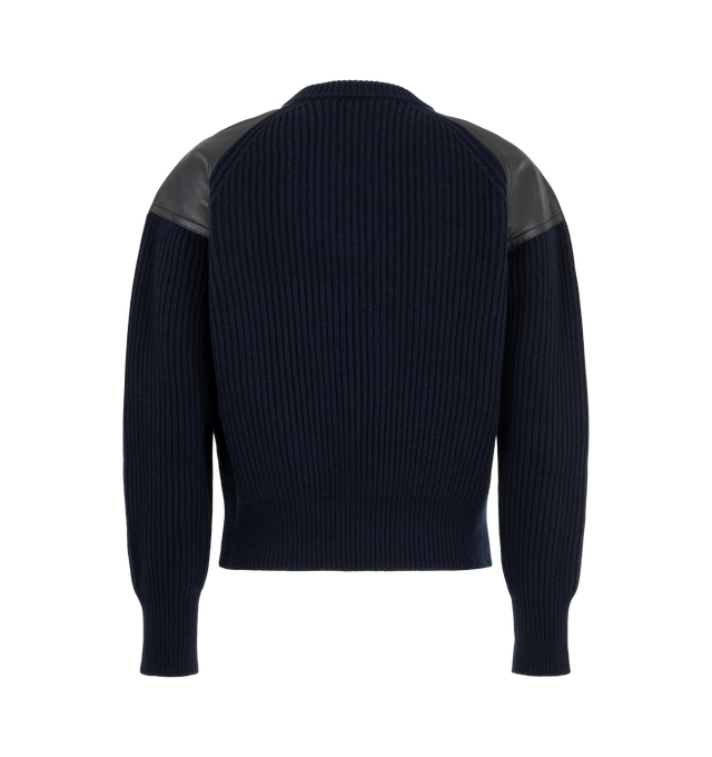 Image 2 of 2 - NAVY - Bottega Veneta Men's Rib Sweater is crafted from a wool-cashmere blend and features a ribbed knit construction with black leather shoulder panels. Designed with a crewneck and long sleeves, it is finished with an asymmetric zip fastening that runs diagonally from the collar to the hem. Main Material: 71% Wool, 29% Cashmere. Made in Italy.