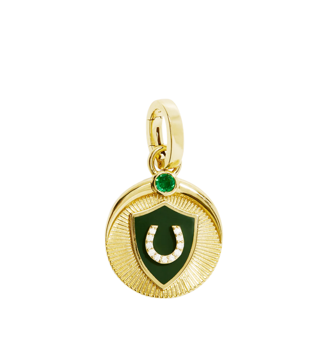 Image 2 of 2 - GOLD - FOUNDRAE Protection Baby Ceramic Medallion featuring 18k Yellow Gold with Diamonds and Emerald with an Annex Link. Diamond Weight: 0.029 ct and medallion measures 15mm. Hirshleifers offers a range of initial pieces from this collection in-store. For personal consultation and detailed information about jewelry, please contact our dedicated stylist team at personalshopping@hirshleifers.com.