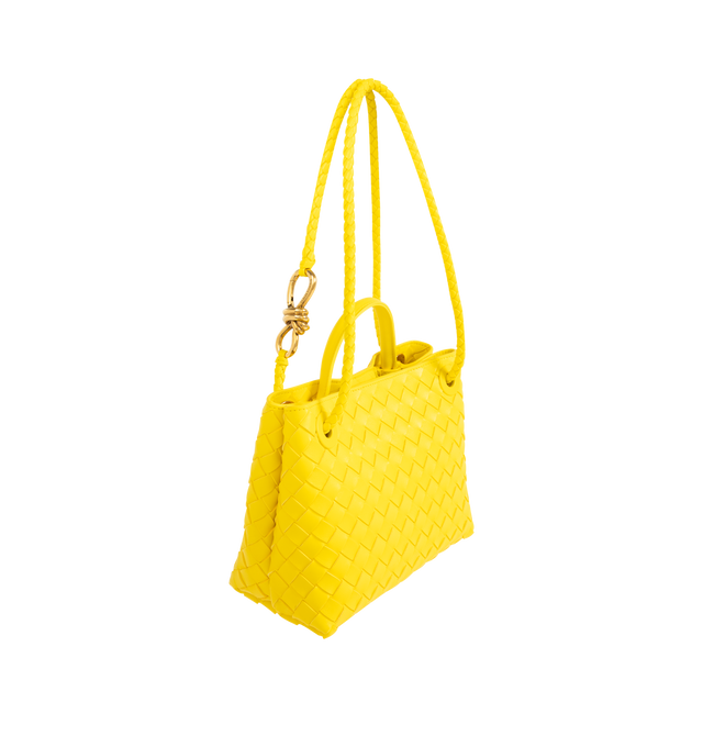 Image 3 of 4 - YELLOW - Bottega Veneta small Andiamo handbag featuring intrecciato leather with leather top handle, sliding cross-body strap, compartmented interior with one zippered pocket, two open pockets and magnetic closure. 7.9" x 9.8" x 3.9". 100% lambskin. Made in Italy.