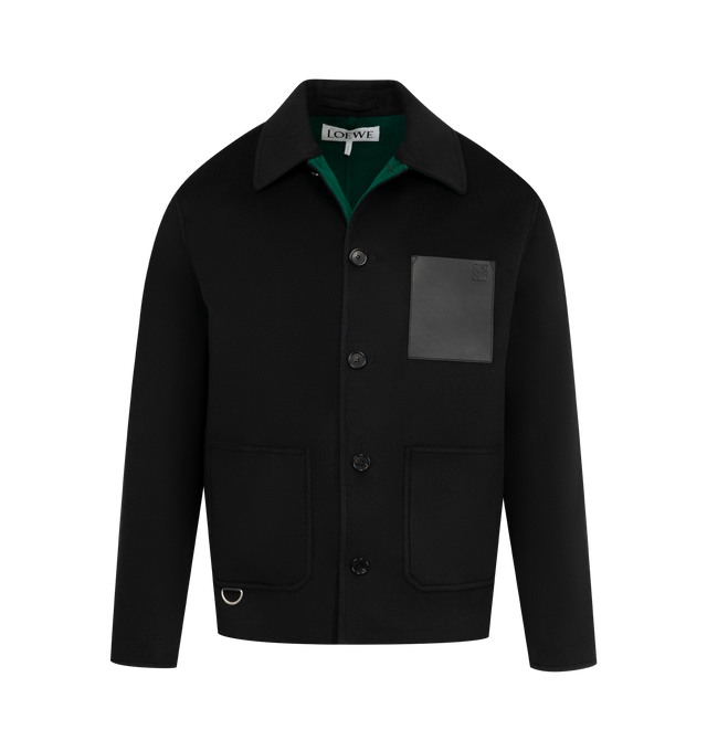Image 1 of 3 - BLACK - Loewe Men's Workwear jacket crafted in double face wool cashmere. Regular fit, regular length featuring classical collar, LOEWE engraved horn buttons, button front fastening, two patch pockets, LOEWE engraved D-ring and LOEWE Anagram embossed leather patch pocket placed on the chest. Wool/Cashmere. Made in Italy.