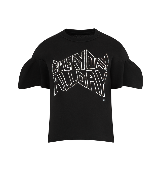 Image 1 of 2 - BLACK - SACAI Geoff Jersey T-Shirt featuring short sleeves, crew neck, loose fit and graphic text on front. Cotton.