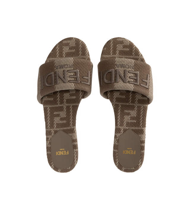 Image 4 of 4 - BROWN - FENDI Sunshine Jacquard Slides featuring wide-band, made of denim-effect jacquard with Pequin stripes, jacquard FF insole in the same tones and Fendi Roma embroidery. 100% cotton. Made in Italy.