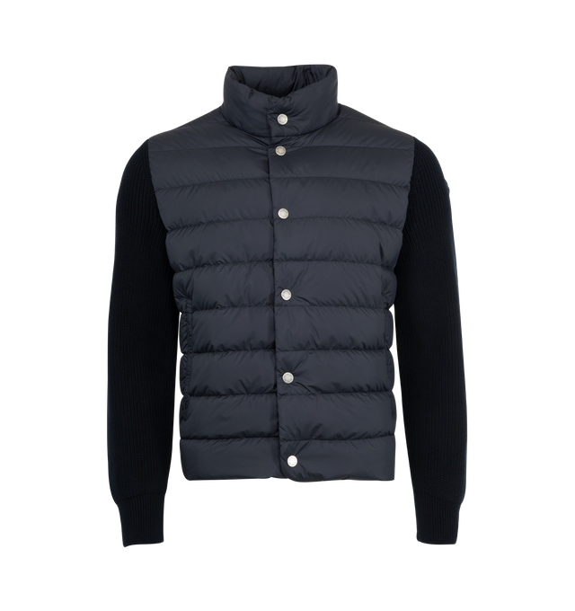 Image 1 of 3 - NAVY - MONCLER Padded Cardigan featuring padded collar and front, snap button closure, stand collar and side zip pockets. 100% polyester. Wool. Padding: 90% down, 10% feather.