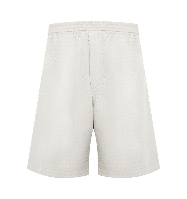 Image 1 of 3 - GREY - Bottega Veneta Mens Intrecciato Leather Shorts are crafted from lightweight woven nappa leather. Feature a straight-leg silhouette, button closure, full lining, and signature Intrecciato weave. Main Material: Nappa Leather; Lining: Fully Lined. Made in Italy.