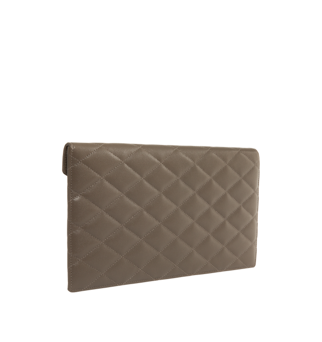 Image 2 of 3 - BROWN - Saint Laurent Womens Envelope Pouch is crafted from lambskin leather. Features the signature CASSANDRE logo, diamond-quilted topstitching, snap-button closure, cotton lining, and bronze-tone hardware. Dimensions: 27 16 1 cm. Main Material: Lambskin Leather; Hardware: Brass; Lining: Cotton. Made in Italy.
