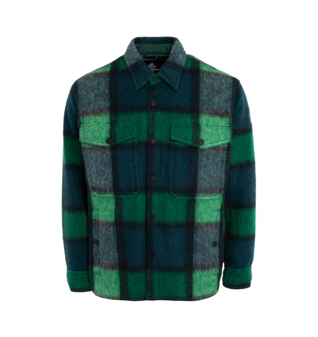 Image 1 of 3 - GREEN - MONCLER GRENOBLE WAIER SHIRT JACKET has a maxi-plaid print, point collar, snap placket, chest flap pockets, side snap pockets, logo patch on the left arm, single-button cuffs, yoked back shoulders and shirt tail hem.  
