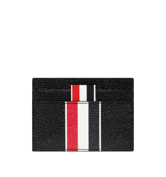 Image 1 of 3 - BLACK - THOM BROWNE Double Sided Card Holder featuring durable pebble grain leather, four card slots, central slip compartment, RWB stripe, gold foil logo, tricolor lining and signature striped grosgrain loop tab. L 10 x W 0.5 x H 8 cm. 100% Calf Full Grain Leather. Lining: 100% Polyester. Made in Italy.