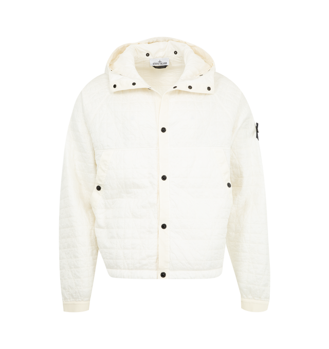 Image 4 of 4 - WHITE - STONE ISLAND Bomber Jacket featuring padded hooded jacket in a light nylon rep with an ultra-tight weaving construction, removable ribbed knit insert with hood and zipper fastening on tape that attaches to garment with snaps, hood with snap-fastened tape drawstring, raglan sleeves, hand pockets with diagonal tape trim and snap, flat inlay at sides and under arms, Stone Island badge on left sleeve, elasticated tape at cuffs and snap fastening on nylon tape. 100% polyamide/nylon.