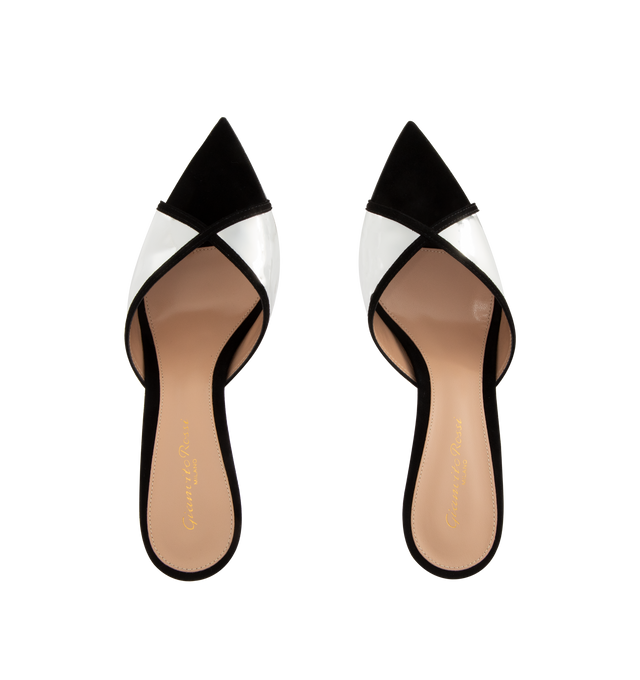 Image 4 of 4 - BLACK - GIANVITO ROSSI Mule Sandal featuring smooth calf leather and metallic accent upper, slip-on mule style and leather footbed and lining. Approx 85 mm / 3.35 inch heel. Made in Italy.