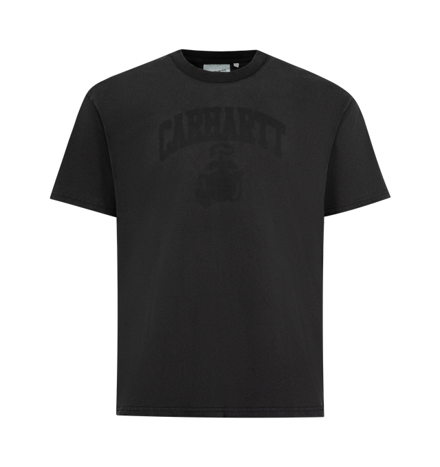 Image 1 of 2 - BLACK - CARHARTT WIP Faded Pond Corps T-Shirt featuring a loose fit from a midweight organic cotton jersey, heavy stone wash, graphic print on the chest, short sleeves and crew neck. 100% cotton.