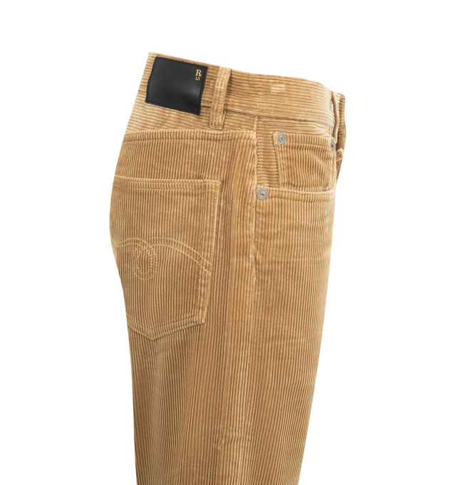 Image 3 of 3 - BROWN - R13 Boyfriend Jeans featuring zip fly with button fastening, 5-pocket design, faded and distressed throughout and raw cut hem. 100% cotton. Made in Italy.