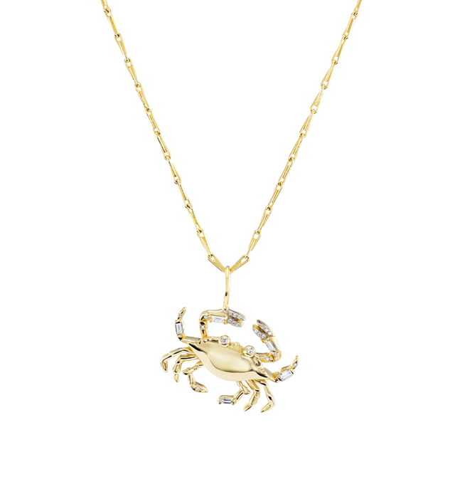 Image 1 of 1 - GOLD - BRENT NEALE Medium Zodiac Pendant Necklace featuring18K yellow gold, rhodium, diamond baguettes and diamond rounds. 19mm x 26mm. Chain: 18" Wheat Chain.