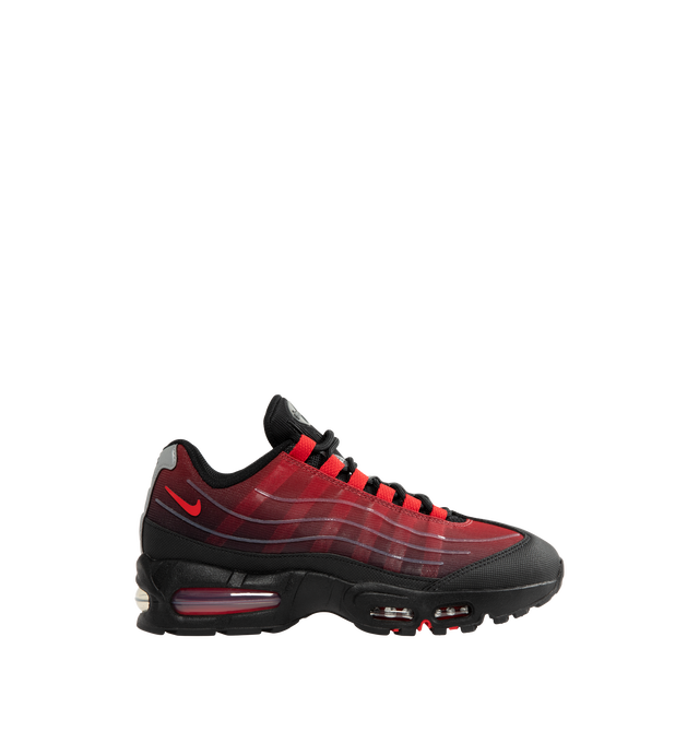 Image 1 of 5 - RED - Nike Men's Air Max 95 Big Bubble Sneaker featuring textile and synthetic leather, visible Max Air cushioning, flex grooves in the midsole and outsole, foam midsole and rubber outsole.