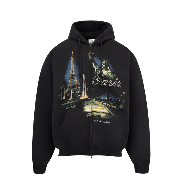 Image 1 of 2 - BLACK - VETEMENTS Paris Tourist Zip Hoodie featuring french terry hoodie, oversized fit, drawstring hood, two-way zip closure, graphic printed at front, patch pockets, rib-knit hem and cuffs and dropped shoulders. 100% cotton. Made in Portugal.