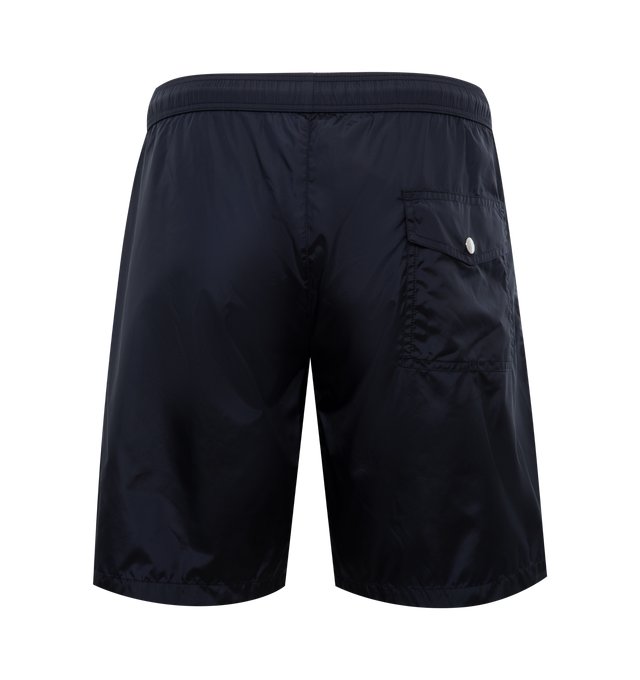Image 2 of 3 - BLACK - MONCLER Swim Trunks featuring nylon technique, mesh lining, waistband with drawstring fastening, tricolor trim at the front, pocket with snap button closure, inner pockets and silicone logo patch. 100% polyamide/nylon.