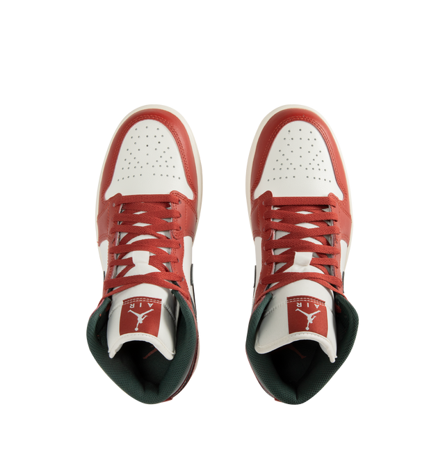 Image 5 of 5 - RED - JORDAN Air Jordan 1 Mid Sneaker featuring mid-top, leather, synthetic leather, textile upper, foam midsole, Nike Air cushioning and rubber outsole with pivot circle.