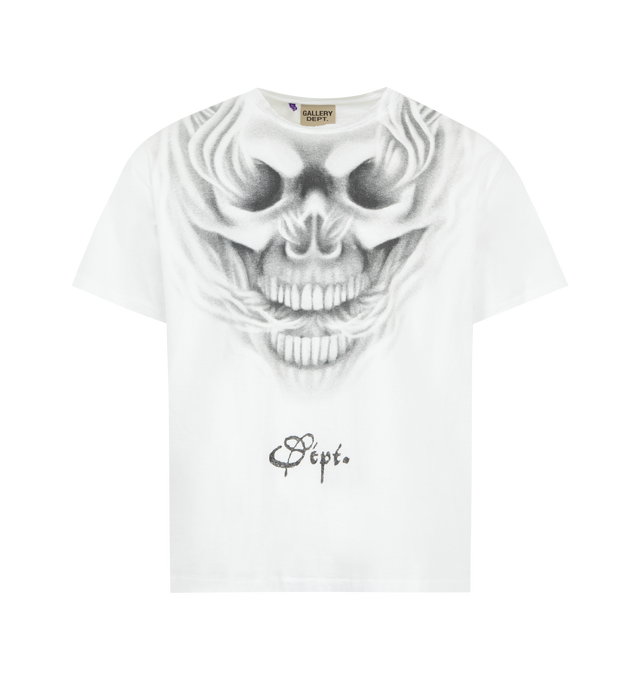 Image 1 of 2 - WHITE - GALLERY DEPT. Car Club Tee featuring relaxed 90's fit, short sleeves, faded 'Skull' airbrushed graphic on the front, 'Departamento De Galera' across the back and faded throughout. 100% cotton. Made in USA.