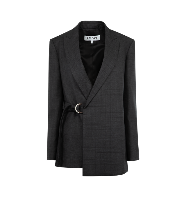 Image 1 of 3 - GREY - LOEWE Draped Jacket in lightweight checked fluid wool tailoring featuring a draped wrap front, a belt at the side, regular fit, regular length, peak lapel, buttoned cuffs, seam pockets, fully lined and LOEWE engraved D-ring. Wool. Made in Italy.