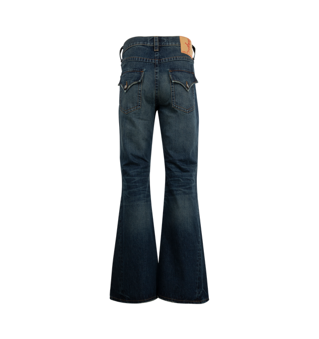Image 2 of 3 - BLUE - COUT DE LA LIBERTE Jimmy Twisted Flare Jean featuring long length, flared hem, button zip front closure, 5 pocket style and belt loops. 100% cotton. Made In USA.