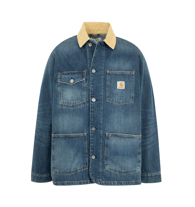 Image 1 of 3 - BLUE - CARHARTT WIP Warren Chore Coat featuring a utilitarian silhouette, unlined, heavyweight cotton denim, triple-stitched details, corduroy collar, four front pockets, one of which has a flap and button closure and woven Square Label on the chest. 100% cotton.