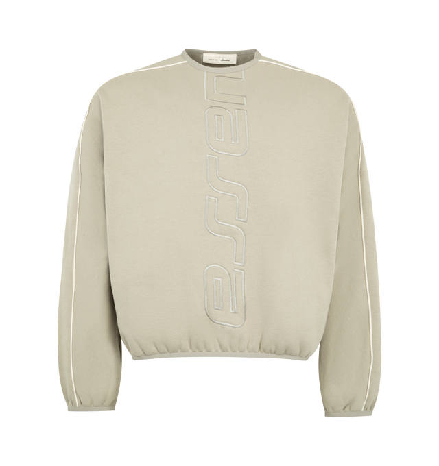 Image 1 of 3 - NEUTRAL - FEAR OF GOD ESSENTIALS Active Trace Modern Crewneck Sweatshirt featuring 380GSM core fleece, 3D printed Essentials Active Trace logo, contrasting piping, elastic binding at the collar, cuff, and waist hem and Essentials signature label applied to the sleeve. 80% cotton, 20% polyester.