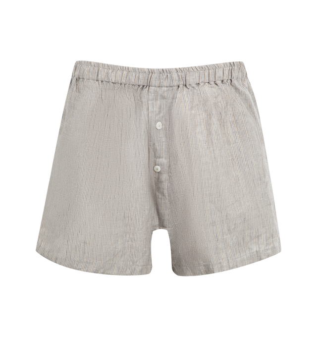 Image 5 of 7 - GREY - DEIJI STUDIOS 03 Set featuring an oversized box fit linen shirt with wide arms and a front pocket. Designed to sit mid rise, the loose fitting boxer style shorts have a faux button down fly and an elastic waist. 100% French linen.