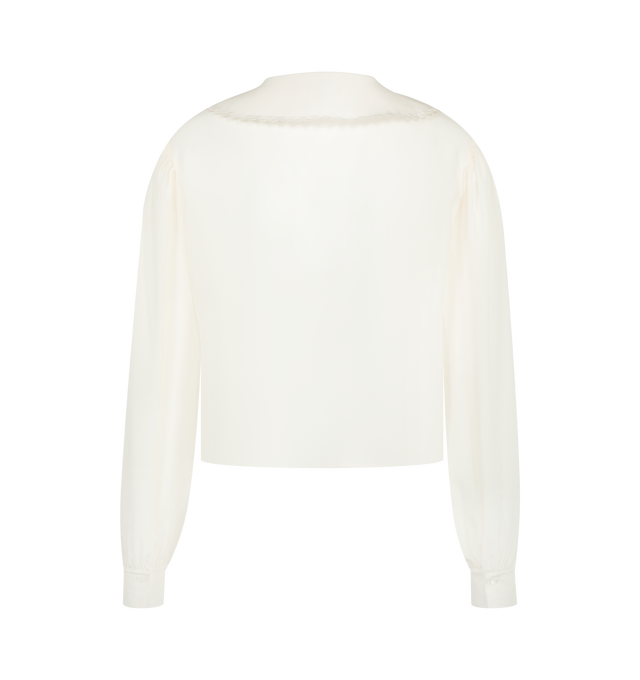 Image 2 of 2 - WHITE - Chlo Womens Puff-Sleeve Blouse is crafted from organic silk crpe de chine. Features a fluid fit, puff sleeves, oversized collar with scalloped embroidery, mother-of-pearl button-front closure, and buttoned cuffs. Main Material: 100% Silk; Embroidery: 100% Polyester; Buttons: 100% Mother-of-Pearl. Made in Madagascar.