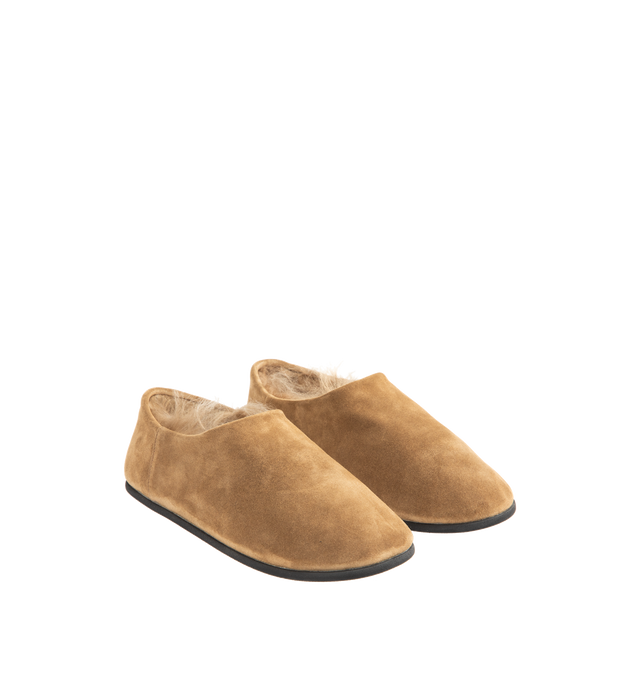 Image 2 of 4 - BROWN - CHRISTEN Big Bootie featuring flat slip on bootie, flexible textured TPU outsole, lined in goat shearing and round toe. Santiago suede. Made in Italy.