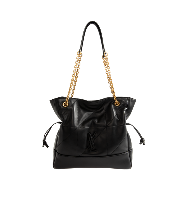 Image 1 of 3 - BLACK - Saint Laurent Women's Jamie Leather Shoulder Pouch is crafted from lambskin leather and features the signature leather-covered Cassandre logo with Carr Rive Gauche topstitching, a chain shoulder strap for crossbody wear, adjustable drawstring sides, a magnetic snap closure, bronze-tone hardware, a leather-lined interior, and one card slot. This designer leather shoulder bag combines soft structure with versatile styling for effortless day-to-evening wear. Main Material: Lambskin Leath