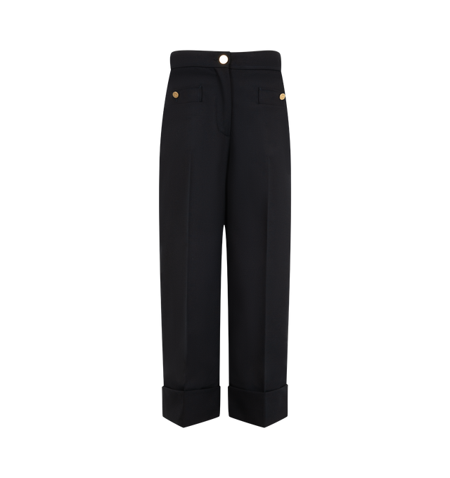 Image 1 of 3 - BLUE - Thom Browne Womens Hopsack Suiting Trousers are crafted from virgin wool hopsack suiting and feature an anchor-detailed button closure with a zip fly, welt hand pockets with anchor-detailed buttons, back welt pockets, creased legs, wide cuffs with internal signature RWB grosgrain trim, tricolor silk lining, and the signature striped grosgrain loop tab. These designer wool trousers combine breathable hopsack tailoring with a timeless straight-leg silhouette for elevated everyday and pro