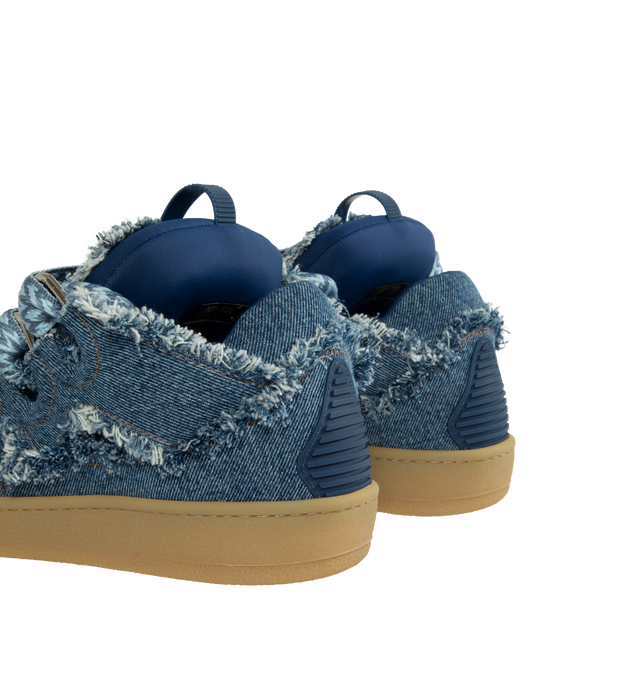 Image 3 of 5 - BLUE - LANVIN Curb Sneakers featuring denim, frayed edges, almond toe, waxed and woven double laces with a herringbone motif, quilted tongue with the Lanvin label and embossed Mother and Daughter logo. 100% cotton. Lining: 80% polyamide, 20% elasterell-p tricote. Made in Portugal. 